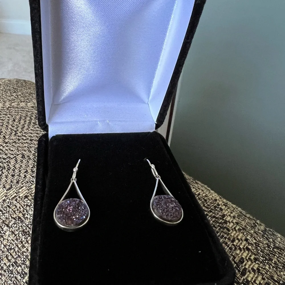 Iridescent black druzy earrings set in sterling silver